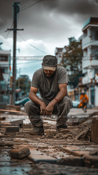 A man squats down in the center of a busy street, surrounded by cars and pedestrians. Стоковое AI-изображение, AI-художник Данила Большаков / Фотобанк Лори