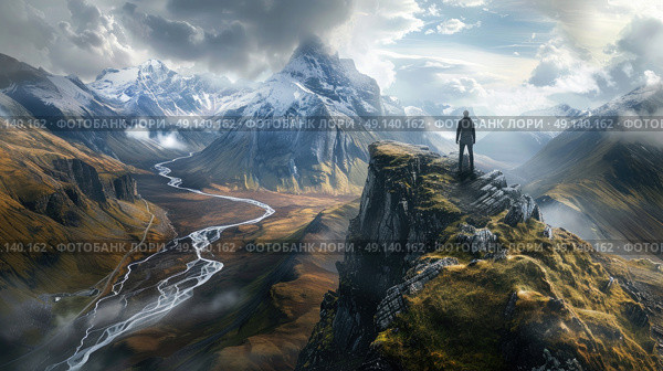 A man standing triumphantly on the summit of a mountain, surrounded by breathtaking views. Стоковое AI-изображение, AI-художник Данила Большаков / Фотобанк Лори