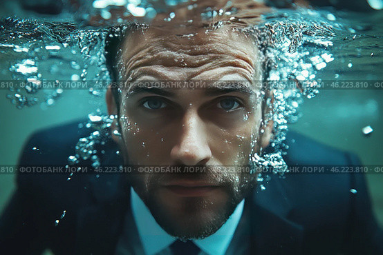A man underwater. He is wearing a business suit, which creates a contrast with the environment. The man looks straight into the camera, his eyes are bright and expressing determination, despite the unusual conditions. Air bubbles are visible around his head, emphasizing the underwater atmosphere. Stylish and dynamic shooting, where large details of the man's face are combined with smooth water movements. This creates a sense of tension and mystery. Стоковое AI-изображение, AI-художник Анна Кривицкая / Фотобанк Лори