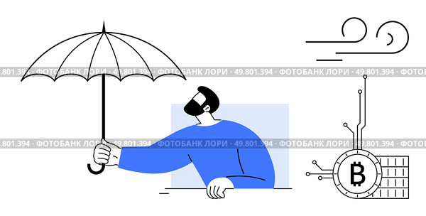 A man wearing a blue shirt holds an umbrella shielding himself from digital symbols representing Bitcoin. Ideal for finance, security, cryptocurrency, weathering challenges, and protection themes. Man Holding Umbrella Safety from Bitcoin Cryptocurrency Challenges. Стоковая иллюстрация, агентство Ingram Publishing / Фотобанк Лори