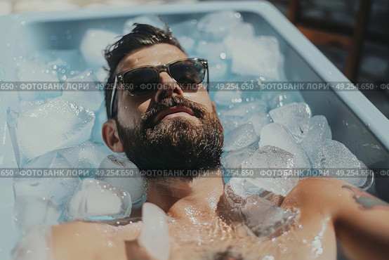 A man wearing sunglasses is lying in a bathtub filled with ice cubes. Стоковое AI-изображение, AI-художник Данила Большаков / Фотобанк Лори
