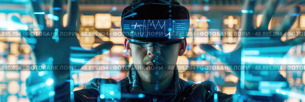 A man wearing VR goggles interacts with a holographic data visualization, manipulating digital information with his hands in a futuristic digital workspace. Стоковое AI-изображение, AI-художник Данила Большаков / Фотобанк Лори