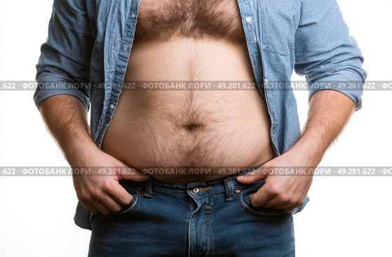A man with a large belly is wearing a blue shirt and jeans. Стоковое AI-изображение, AI-художник Ярославский Максим / Фотобанк Лори