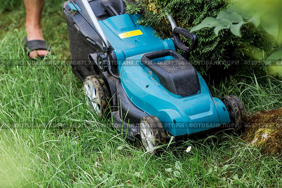 A man with a lawn mower mows the grass in the backyard. Agricultural machinery for garden maintenance. The banner. Стоковое фото, фотограф Photojuli / Фотобанк Лори