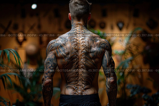 A man with a massive, muscular back, standing with his back to the camera. The man's entire back is covered with a tattoo that imitates a skeleton, with detailed images of vertebrae, ribs and shoulder blades. The tattoo is made in the style of biomechanics, combining realistic and fantastic elements. The man is wearing dark sports shorts. In the background, blurred interior elements, including vegetation and decor, are visible, creating the atmosphere of a studio or gym. Highlights and shadows highlight the muscles and details of the tattoo. Стоковое AI-изображение, AI-художник Анна Кривицкая / Фотобанк Лори