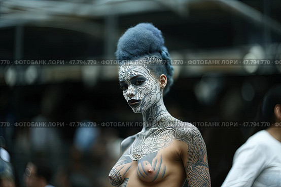 A man with a striking blue mohawk hairstyle and various tattoos on his body, showcasing his unique style and self-expression. Стоковое AI-изображение, AI-художник Данила Большаков / Фотобанк Лори