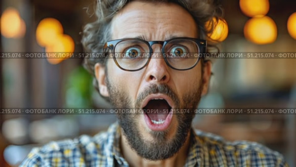 A man with curly hair and glasses shows a surprised expression while enjoying a relaxed afternoon in a café filled with warm lighting. Стоковое AI-видео, аниматор Данила Большаков / Фотобанк Лори