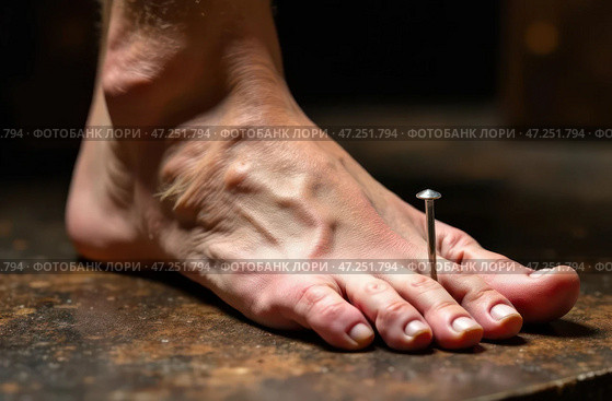 A man with his bare foot accidentally steps on a nail that goes between his toes. Human vulnerability, his fears and unexpected turns of fate. Concept on the edge. Стоковое AI-изображение, AI-художник Коханова Наталья / Фотобанк Лори