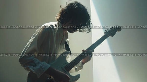 A man with long hair playing a guitar. Стоковое AI-изображение, AI-художник Данила Большаков / Фотобанк Лори