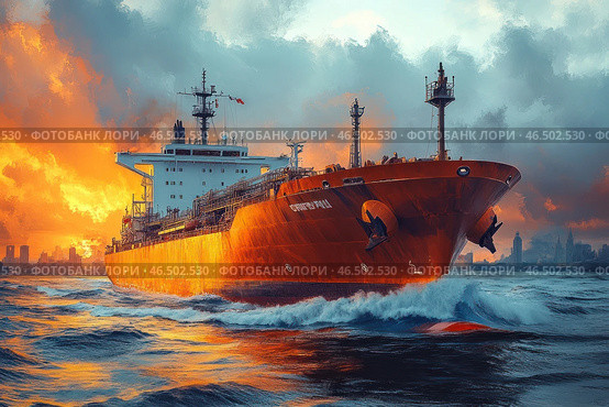 A massive cargo tanker ploughing through the sea against the backdrop of a mesmerising sunset. The vessel is painted in a rich orange-red colour, which emphasises its power and significance. The sea waves hit the hull of the ship, creating a sense of dynamism and movement. In the distance, the silhouette of a modern metropolis can be seen, which gives the picture a contrast between the elements and technological progress. The sky is filled with golden-fiery hues, creating a dramatic and epic atmosphere. Стоковое AI-изображение, AI-художник Анна Кривицкая / Фотобанк Лори
