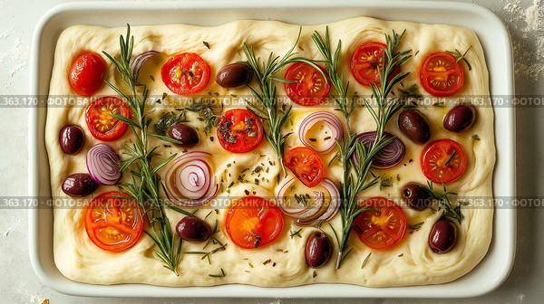 A matte white ceramic tray holds an unbaked focaccia. Украшение теста: На матовом белом керамическом подносе лежит непропеченная фокачча, искусно украшенная нарезанными помидорами черри, оливками, свежим розмарином и тонко нарезанными кольцами красного лука. Стоковое AI-изображение, AI-художник Katsiaryna Repich / Фотобанк Лори