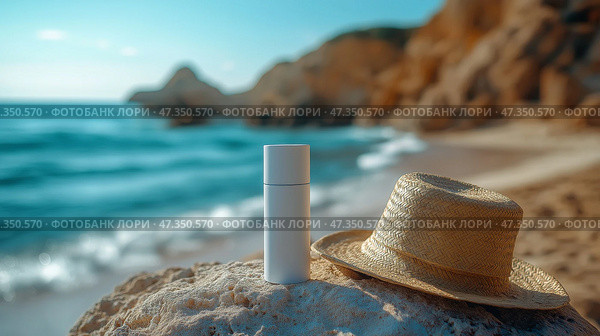 A matte white sunscreen tube mockup, resting on a sunlit white limestone ledge..  матовый белый тюбик с солнцезащитным кремом, лежащего на освещенном солнцем белом известняковом выступе. Стоковое AI-изображение, AI-художник Katsiaryna Repich / Фотобанк Лори