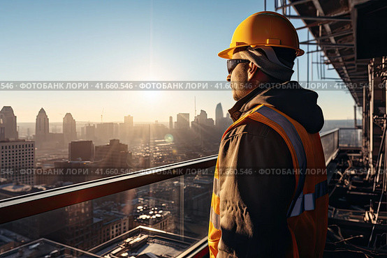 A mature engineer on a construction site in a protective vest and helmet, looking down from a height at the construction site. Generated by AI. Стоковое AI-изображение, AI-художник Ярославский Максим / Фотобанк Лори