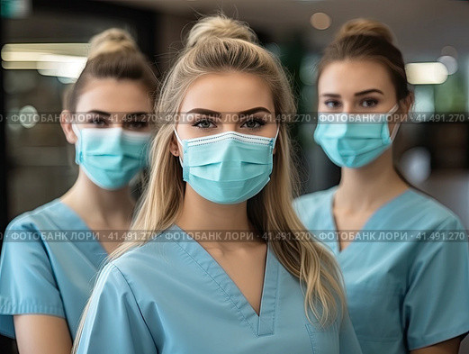 A medic girl in a mask and a medical gown in the interior of the hospital. Generated by AI. Стоковое AI-изображение, AI-художник Ярославский Максим / Фотобанк Лори