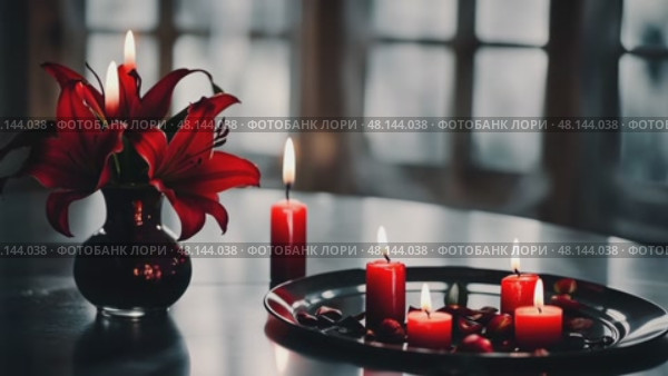 A melancholic indoor setting with a black table adorned with red lilies and candles, casting soft shadows to enhance the mood of sorrow and reflection. Стоковое AI-видео, аниматор Ирина Старикова / Фотобанк Лори