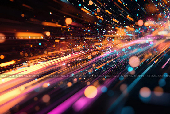 A mesmerizing digital artwork echoes the allure of synthwave and cyber-futurism. Neon hues in orange, pink, and purple blend flawlessly, evoking the serene beauty of a futuristic sunset. Стоковое AI-изображение, AI-художник Nart / Фотобанк Лори