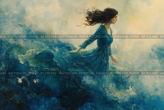 A mesmerizing scene painted in romantic oils: a young woman in a flowing blue dress seems to merge with the sea or fog that surrounds her. Her hair flutters in the wind, and her face is turned to the side - it reads concentration, anticipation and inner strength. Water and fabric merge into a single living stream, creating the illusion that she is part of the elements themselves. The painting is filled with a sense of freedom, transformation and a quiet but indomitable determination to move forward. This is an image of the future, born from the depths - feminine, strong-willed and poetic. Стоковое AI-изображение, AI-художник Анна Кривицкая / Фотобанк Лори