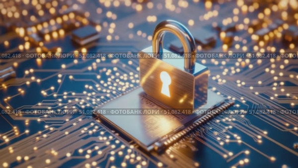 A metallic padlock sits on a microchip surrounded by glowing circuit patterns. The scene represents cybersecurity and digital protection. Стоковое AI-видео, аниматор Nart / Фотобанк Лори