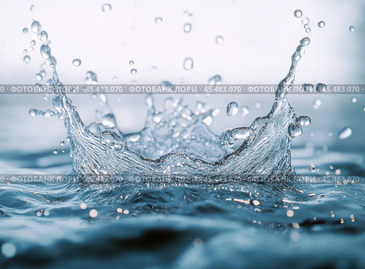 A microcosm captured in detail: the explosion from a falling water drop, shown in incredible resolution. Стоковое AI-изображение, AI-художник Ярославский Максим / Фотобанк Лори