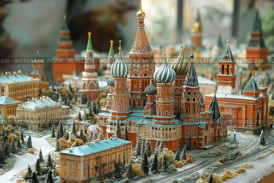 A miniature model of the architectural ensemble of Red Square with a realistically recreated St. Basil's Cathedral, the Kremlin and surrounding buildings. The scene is decorated in a winter setting with detailed elaboration of trees, roofs and streets. Ideal for themes related to tourism, Russian history, architecture and cultural heritage. A magnificent combination of artistic skill and accuracy in conveying the image of Moscow. Стоковое AI-изображение, AI-художник Анна Кривицкая / Фотобанк Лори