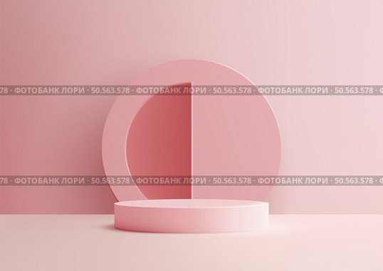 A minimalist 3D pink podium stands against a soft pink background, framed by a large circular cutout, Ideal for modern product displays. Стоковая иллюстрация, агентство Ingram Publishing / Фотобанк Лори