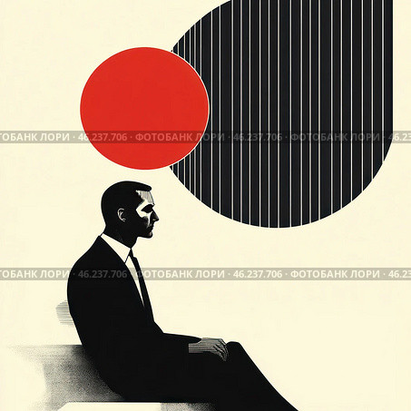 A minimalist and graphic composition in the Art Nouveau or constructivist style. A man in a strict black suit sits on a bench, his gaze directed forward, creating a sense of thoughtfulness and concentration. The background is made in contrasting tones - cream, black and red. The red circle and the geometric black and white figure at the top of the picture add dynamics and symbolism, perhaps hinting at the inner state of the hero or abstract philosophical idea. Стоковое AI-изображение, AI-художник Анна Кривицкая / Фотобанк Лори