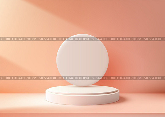 A minimalist white podium design featuring a circular backdrop with a soft peach backdrop. Sunlight adds a warm glow to the scene, showcasing products, mockups, presentations, and showrooms. Стоковая иллюстрация, агентство Ingram Publishing / Фотобанк Лори