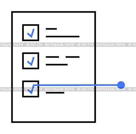 A minimalistic design shows a checklist with three checked boxes, horizontal text lines, and a connecting blue line. Ideal for to-do lists, task management, organization, planning, and productivity.. Checklist with Three Completed Items and Connecting Line in Minimalist Style. Стоковая иллюстрация, агентство Ingram Publishing / Фотобанк Лори