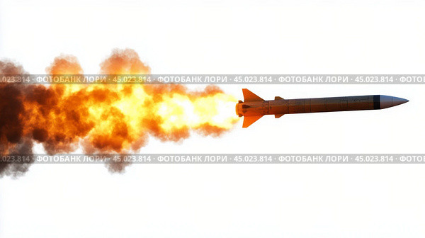 A missile launches with powerful flames and smoke against a clear background in mid-flight. Стоковое AI-изображение, AI-художник Юлия Гапеенко / Фотобанк Лори