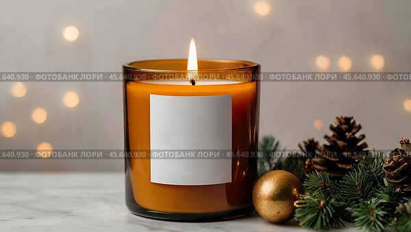 A mock-up of a cozy burning candle made of amber glass with an empty white label in a festive, New Year's home interior. Стоковое AI-изображение, AI-художник Photojuli / Фотобанк Лори