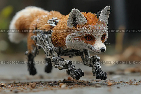 A model of a robot fox that combines elements of a living creature and high-tech mechanics. The animal's body is made of highly detailed metal parts. The fox's fur looks like it's stitched together from different angles, which adds realism and recognition, but at the same time, each joint and part of the body has elements of a mechanical design. This robot fox runs along the ground, which makes it especially expressive and alive. Its eyes are bright and expressive, creating an effect of depth. Стоковое AI-изображение, AI-художник Анна Кривицкая / Фотобанк Лори