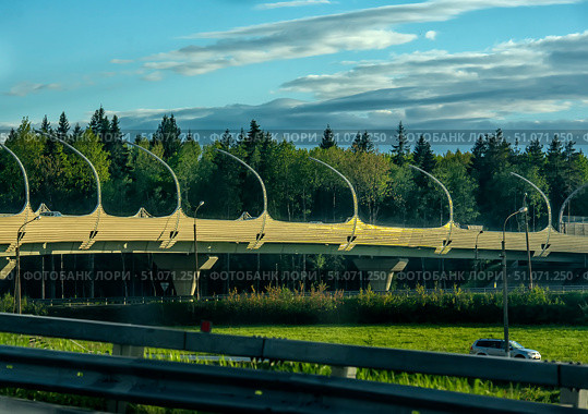 A modern automobile bridge in St. Petersburg with unique curved noise barrier structures, rising on strong supports. The bridge passes over a green area with a dense forest in the background, creating a contrast between the engineering architecture and the natural landscape. In the foreground, elements of the road barriers and a car moving along the lower level of the road are visible. The warm light of the sunset or morning sun softly illuminates the bridge and gives a golden hue to its structure. In the sky, there is a combination of blue tones and clouds, creating a picturesque background. Стоковое фото, фотограф Анна Кривицкая / Фотобанк Лори