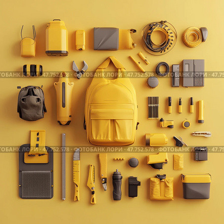A modern flat lay composition featuring travel, hiking and multi-purpose items neatly arranged on a bright yellow background. The backpack is in the center, surrounded by various accessories and tools, including flashlights, flasks, multi-tools, ropes, knives, containers, gadgets and survival items. The image is minimalist and organized, suitable for tourism, outdoor, survival, camping and gear organization themes. Стоковое AI-изображение, AI-художник Анна Кривицкая / Фотобанк Лори