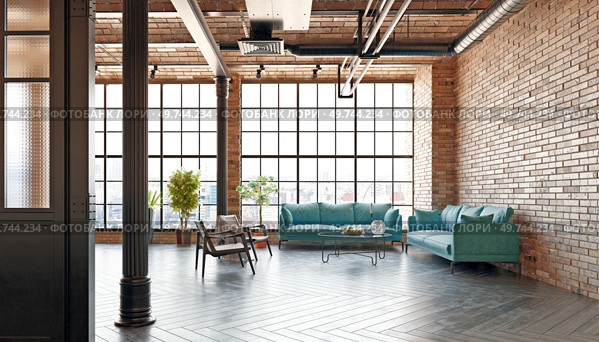 A modern loft living room with a couch, a coffee table. The room has a minimalist and clean design, with a focus on functionality and comfort. 3d render. A modern loft living room with a couch, a coffee table. Стоковое фото, агентство Ingram Publishing / Фотобанк Лори
