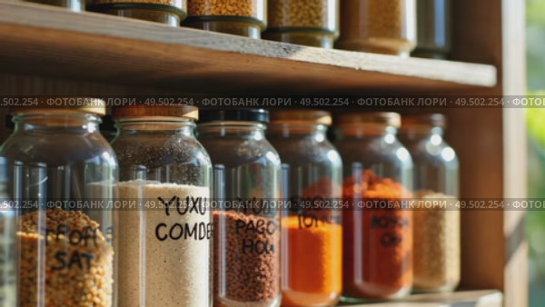 A modern pantry shelf organized with jars of gourmet ingredients truffle salt, smoked paprika, yuzu powder sunlight filtering. Стоковое AI-видео, аниматор Sergey Grishin / Фотобанк Лори