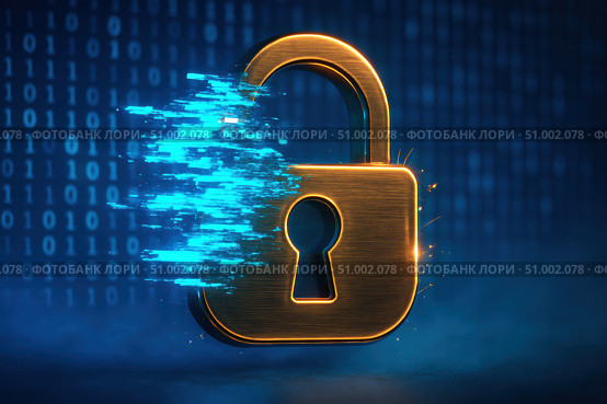 A Modern Representation of Cybersecurity: A Golden Padlock Symbolizing Digital Protection Against Data Breaches and Unauthorized Access in a Tech-Driven World. Стоковое AI-изображение, AI-художник Башкирова Анна / Фотобанк Лори