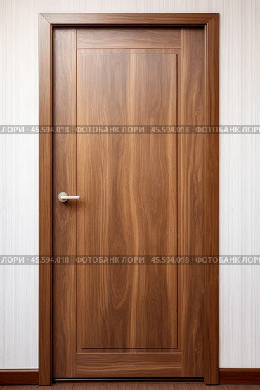 A modern walnut wooden door with a platband against white wall. Стоковое AI-изображение, AI-художник Михаил Строгалев / Фотобанк Лори
