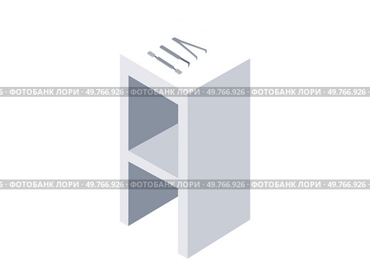 A modern white cabinet with dental tools arranged on top, emphasizing clean, minimalistic dental clinic equipment and setup.. Dental tools arranged on white cabinet in modern clinic setup, clean design. Стоковая иллюстрация, агентство Ingram Publishing / Фотобанк Лори
