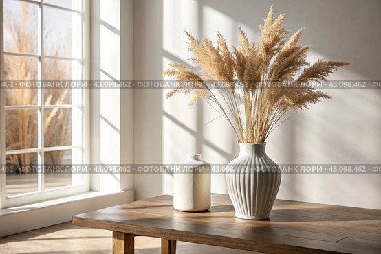 A modern white ceramic vase with dried grass on a wooden table. Scandinavian interior. An empty white wall with a shadow from the window. Стоковое AI-изображение, AI-художник Photojuli / Фотобанк Лори