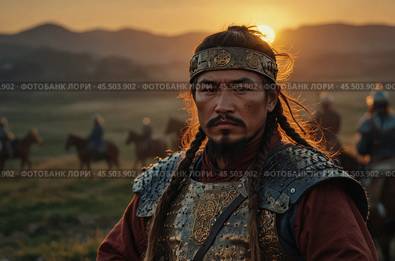 A Mongol warrior of the 14th century at sunset. Стоковое AI-изображение, AI-художник Александр Поташев / Фотобанк Лори