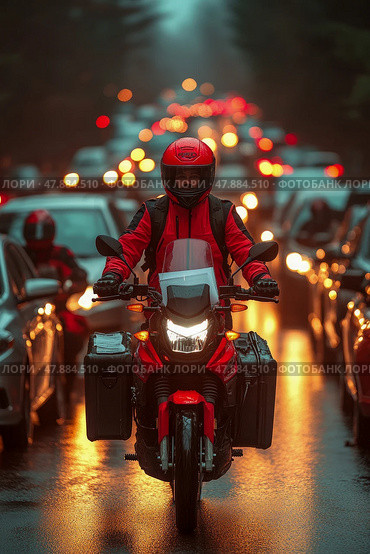 A motorcycle courier wearing a red outfit rides through congested traffic as raindrops create a reflective sheen on the road during dusk. Стоковое AI-изображение, AI-художник Данила Большаков / Фотобанк Лори
