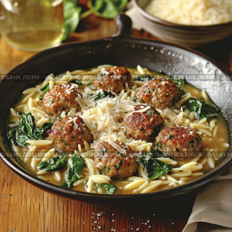 A mouth-watering dish served in a deep bowl: juicy meatballs with herbs, orzo (Italian pasta in the form of rice), fresh spinach leaves and broth, garnished with a generous portion of grated Parmesan cheese. The scene was filmed in a cozy rustic setting, on a wooden table. The dish looks rich and satisfying, perfect for autumn-winter menus, content about home cooking, recipes, food styling and gastronomic blogs. Стоковое AI-изображение, AI-художник Анна Кривицкая / Фотобанк Лори