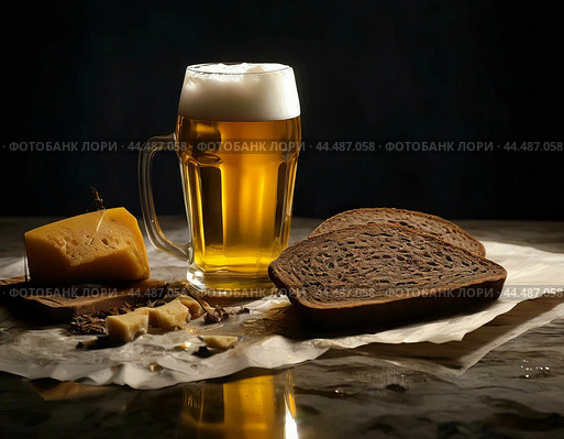 A mug of cold, foamy lager on the table. Стоковое AI-изображение, AI-художник Сергей Елизарьев / Фотобанк Лори