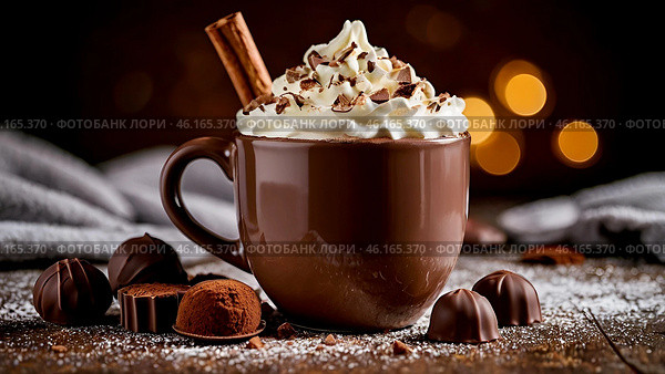 A mug of hot cocoa or coffee with cream and chocolate. A cozy photo in soft, warm brown tones. The concept of taste, harmony and comfort. Стоковое AI-изображение, AI-художник Photojuli / Фотобанк Лори