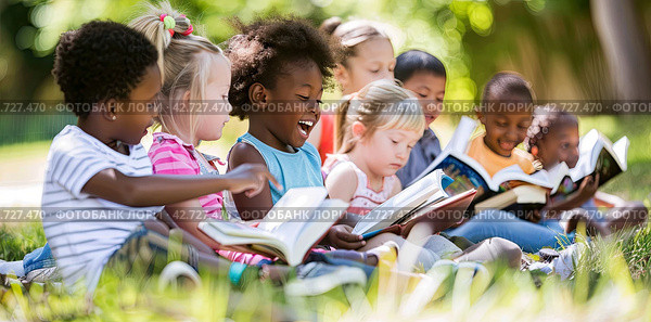 A multiracial group of young children is sitting on a green summer lawn and reading books. Children's Book Day. Стоковое AI-изображение, AI-художник Ярославский Максим / Фотобанк Лори