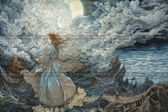 A mysterious girl in a luxurious blue dress with exquisite patterns, reminiscent of a medieval or fairytale outfit. She stands against the backdrop of a stormy sea covered with waves, and the wind blows her long hair. A bright moon is visible in the sky, illuminating the dramatic scene. Storm clouds swirl around, creating a mystical and enigmatic atmosphere. An ancient castle or monastery can be seen behind her, towering over the shore. In front of her are ruined wooden structures, perhaps the remains of an old pier or village.The artistic style is reminiscent of Slavic or Nordic mythology, with elements of fantasy and art nouveau. The atmosphere is filled with mystery, sadness and majestic calm, creating a sense of an epic journey or a fateful moment. Стоковое AI-изображение, AI-художник Анна Кривицкая / Фотобанк Лори