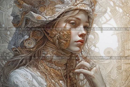 A mysterious woman in a luxurious outfit reminiscent of a mixture of historical and fantasy styles. Her face is decorated with complex patterns and elements similar to jewelry or mechanical parts, which creates the impression of a combination of antiquity and steampunk.The headdress consists of lace, metal ornaments and fabric details that create a sense of sophistication and grandeur. The background is made in soft beige and gold shades with intricate patterns, emphasizing the detail of the composition and creating a fairy-tale effect.The image of the woman can be interpreted as a symbol of aristocracy, mysticism and art, uniting eras and styles. Стоковое AI-изображение, AI-художник Анна Кривицкая / Фотобанк Лори