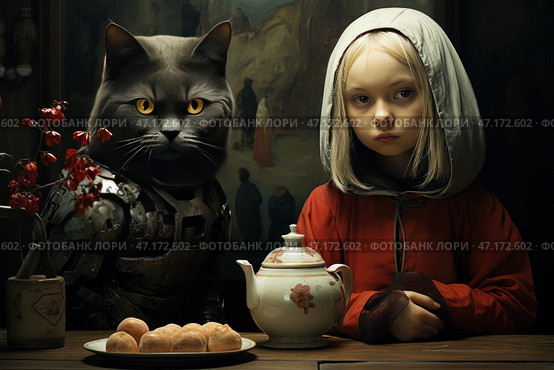 A mystical and surreal scene, executed in dark, rich colors with elements of realism and fantasy. In the center is a strange couple: a girl with pale skin, dressed in red clothes and a light headdress, and an anthropomorphic gray cat with piercing yellow eyes, dressed in heavy metal armor. They are sitting at a table with tea served, a porcelain teapot and a plate with pies. A vase with dried red flowers adds symbolism and melancholy to the scene. The background is dark, with blurred figures of people, which creates a sense of a historical or post-apocalyptic context. The whole composition resembles a mixture of medieval painting and science fiction. Стоковое AI-изображение, AI-художник Анна Кривицкая / Фотобанк Лори