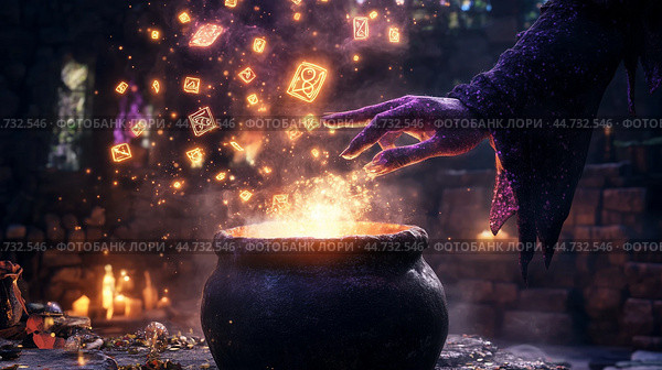 A mystical sorceress conjures glowing symbols above a bubbling cauldron in an ancient stone chamber during twilight. Стоковое AI-изображение, AI-художник Сергей Толмачёв / Фотобанк Лори