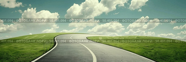 A narrow, winding road meanders through a lush green field under the clear sky. Стоковое AI-изображение, AI-художник Данила Большаков / Фотобанк Лори